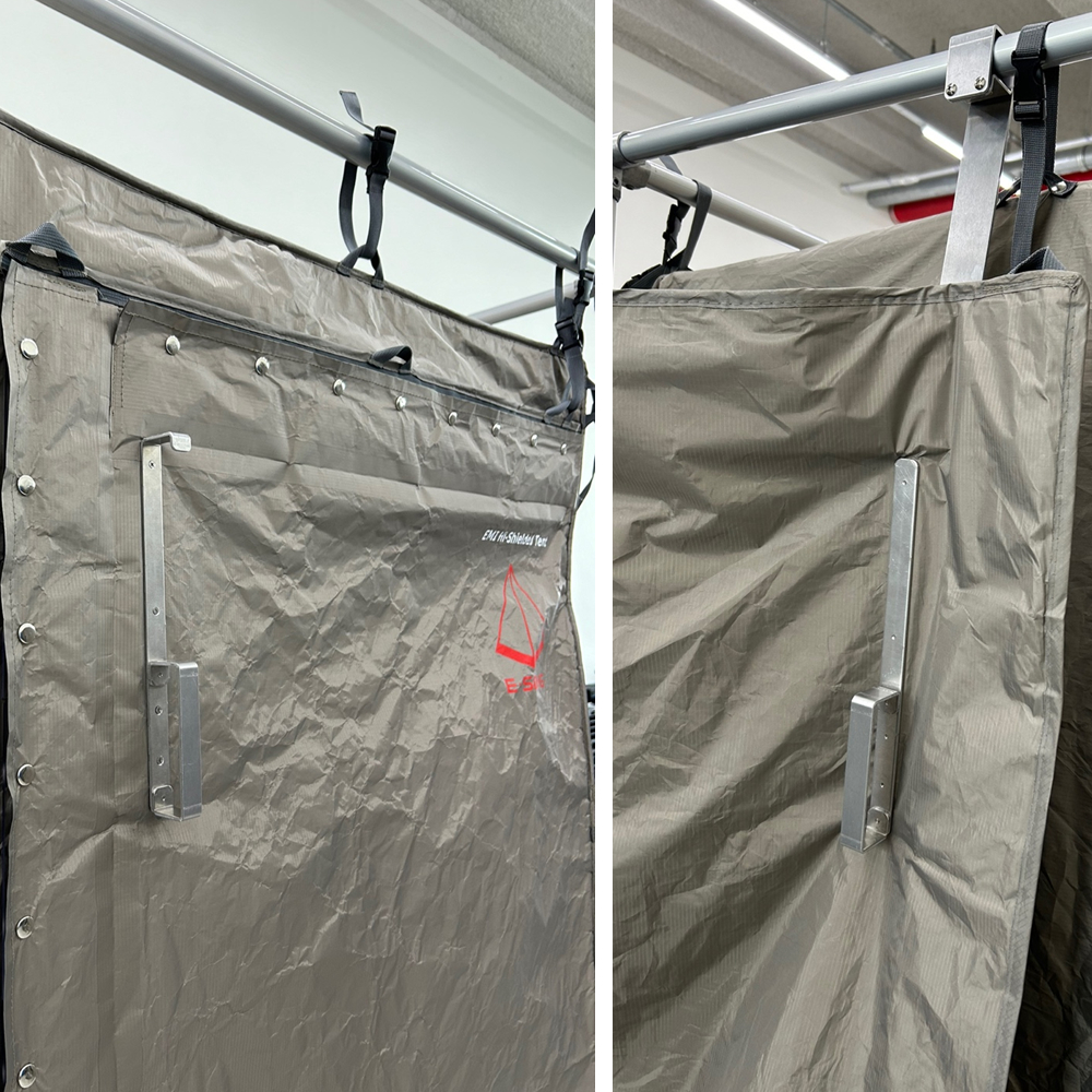 RF/EMI shielded walk-in tent-door hanger